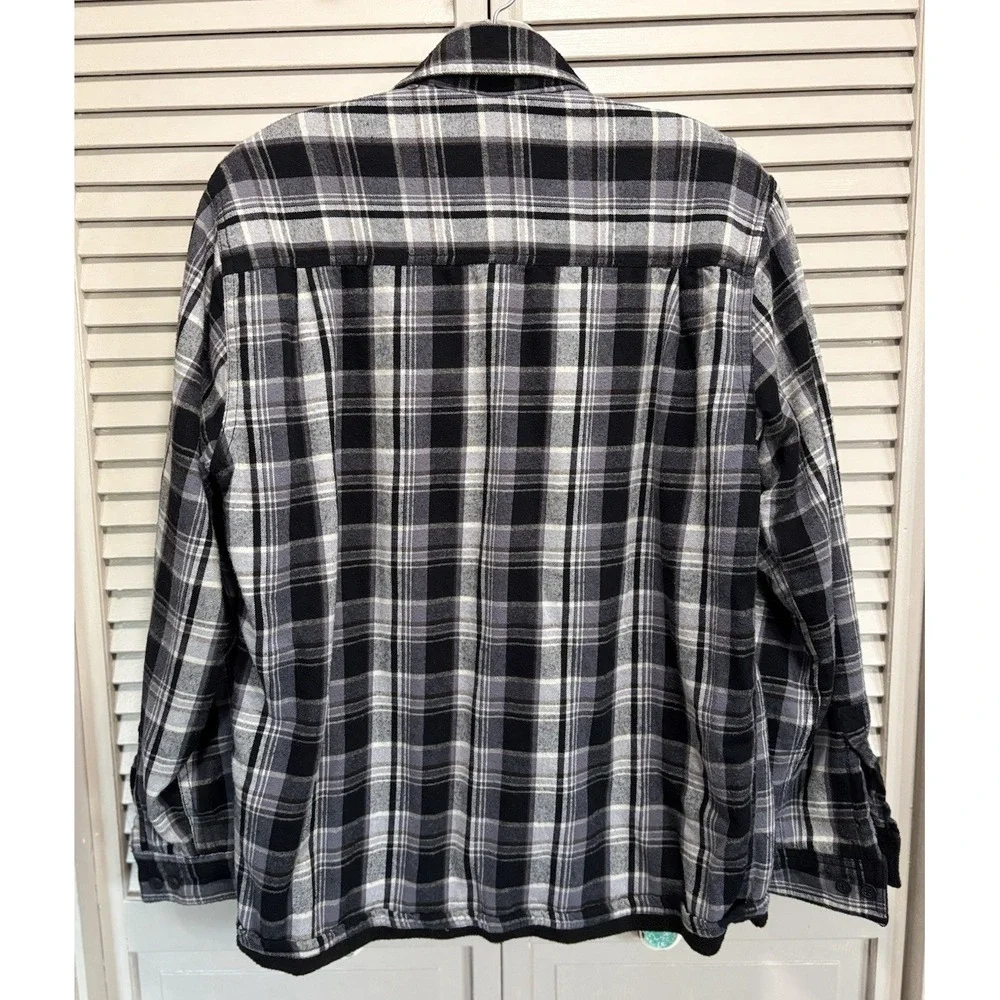 Boston Traders Blk/Gray Plaid Flannel Sherpa Lined Jacket Button Up Sz M Pockets